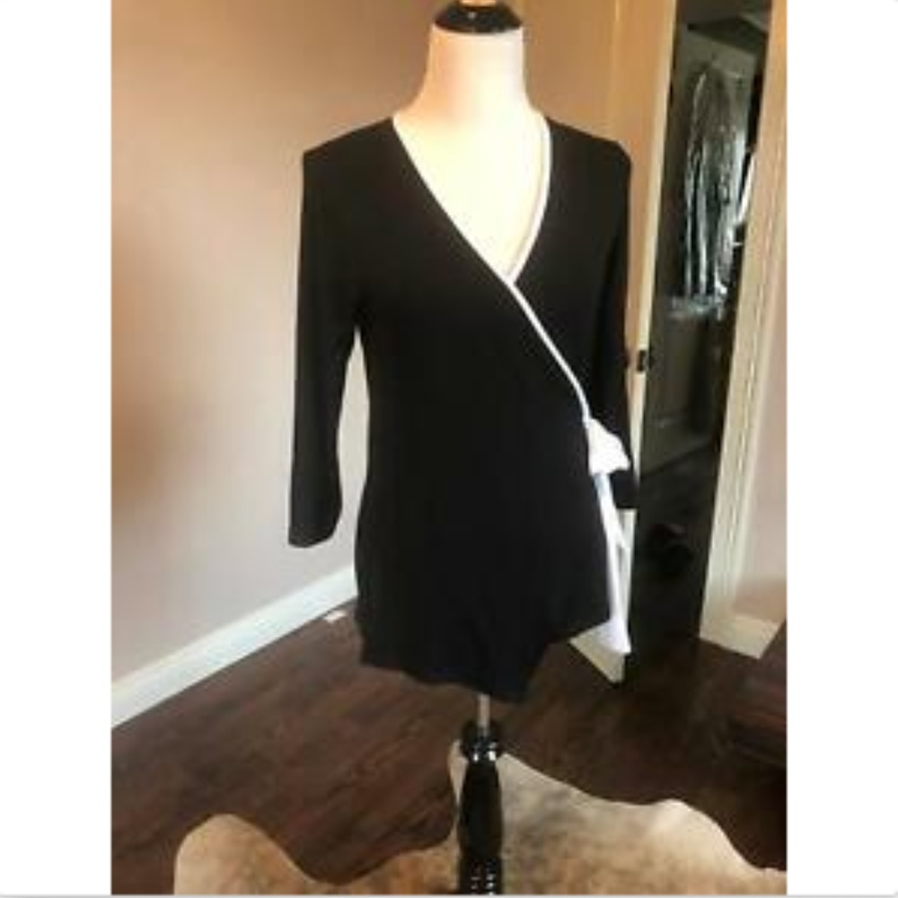 BOBEAU Black & White Trim Wrap Jersey Top SZ S